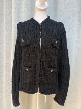 LINI black knitted tweed fringe cardigan